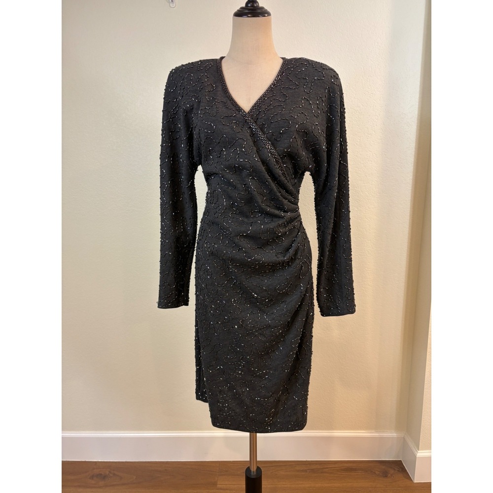 Vtg Carmen Marc Valvo Faux Wrap Dress L Charcoal Gray Beaded Chic Event Party